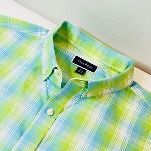 Club Room Men's XL Shirt Collard Button Up-Short Sleeve Blue Green Plaid